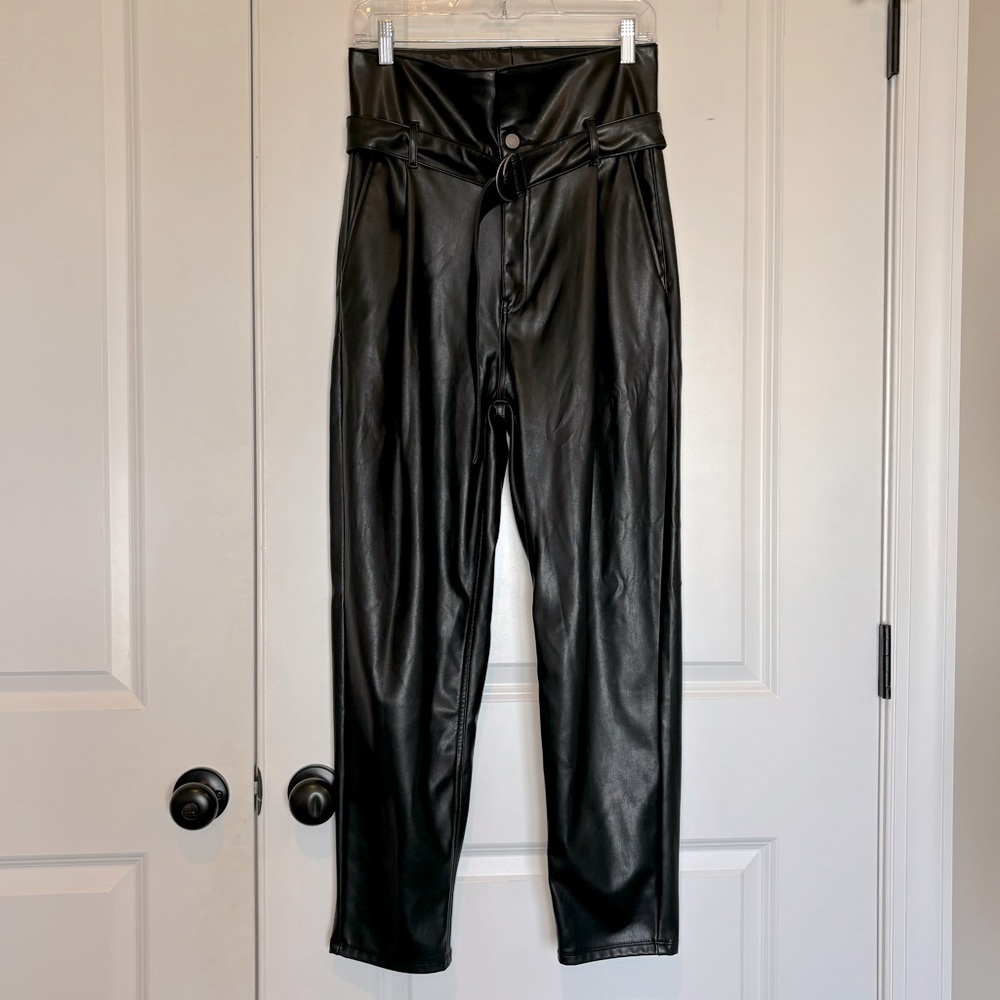 Open Edit Black Faux Leather High Waist Belted Trouser Pants S